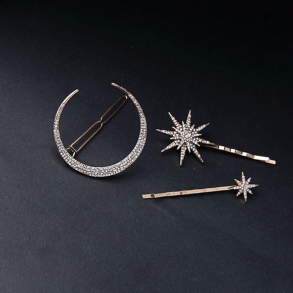 NWT New! 3 Bronze White Rhinestones Star Moon Hair Clips - Picture 4 of 8
